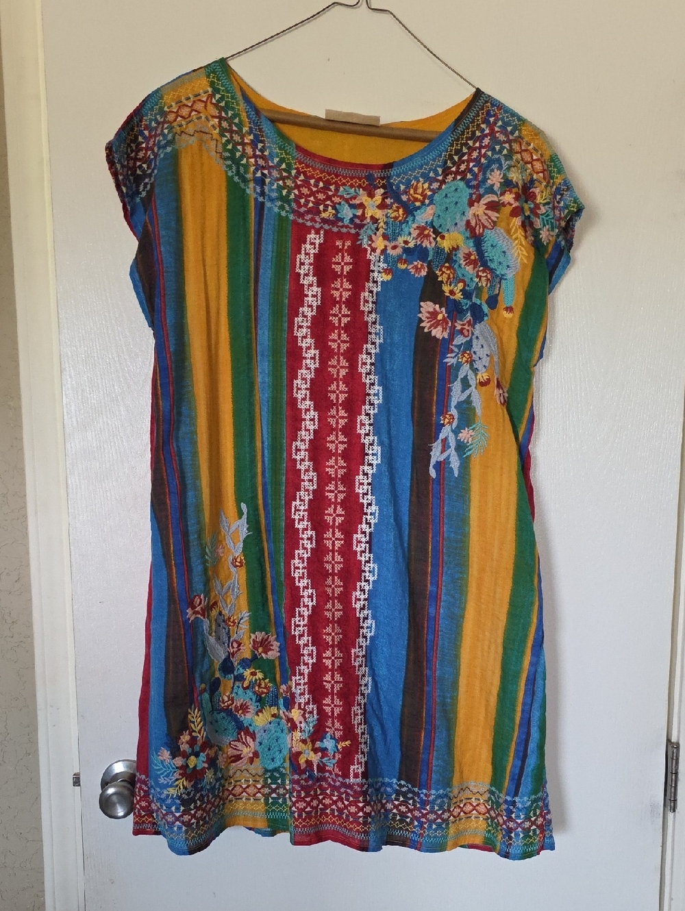 Savanna Jane Multicolor Striped Embroidered Tunic - Blue, Yellow, Red, Green